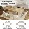 A dining table with chairs set up in a dining room, with diagrams showing different table sizes and seating arrangements. Náhľad obrázku produktu
