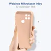 A hand holding a pink phone case, with text overlay describing its features. Produktbild-Vorschau