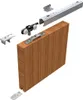 A diagram showing the components of a sliding door system, including a wooden door, a track, rollers, and mounting hardware. Produktbild-Vorschau