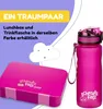 A pink lunchbox and a pink water bottle are shown together, with text indicating they are a "dream pair" and available in the same color. Voir les images du produit