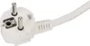 A close-up view of a white electrical plug with two metal prongs and a white cable attached. Produktbild-Vorschau
