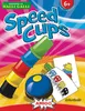 A colorful marketing image for the Speed Cups board game, featuring stacked cups, a bell, and game cards. Produktbild-Vorschau