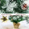 A collage showing close-ups of a mini Christmas tree's branches and pine cones, and a full view of the tree decorated with a gold star and placed in a burlap pot. Náhled obrázku produktu