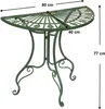 A green metal half-round table with decorative elements and dimensions indicated by text. Náhled obrázku produktu