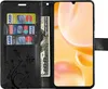 A black wallet-style phone case with cards and cash inserted, showing the phone screen. Produktbild-Vorschau