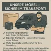 Illustration of a delivery van, boxes, and a smiling delivery person, with text highlighting safe transport of furniture. Produktbild-Vorschau