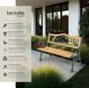 A garden bench is shown in a garden setting with text describing its features. Náhled obrázku produktu