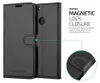 A black leather phone case with a magnetic closure is shown, with text highlighting its features. Anteprima dell’immagine prodotto