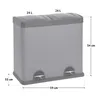 A grey dual-compartment trash can with dimensions indicated by measurement lines and text. Voir les images du produit