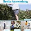 A collage of images showing a ladder being used in different settings: gardening, indoors, and with a campervan. The top image shows someone trimming hedges, the bottom left shows someone working on a ceiling, the bottom center shows someone cleaning a cam Voir les images du produit