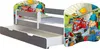 A children's bed with a pull-out drawer, featuring a cartoon fire station theme. Podgląd zdjęcia produktu