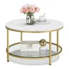 A round coffee table with a marble top and gold legs, decorated with a vase of pink flowers, a cup of coffee, and a decorative box with a butterfly. Náhled obrázku produktu