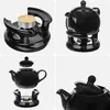 A collage of four images showing a black ceramic teapot and its accompanying tea warmer. Anteprima dell’immagine prodotto