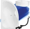 A collage showing a bathtub and its accessories against a blue brushstroke background. Produktbild-Vorschau