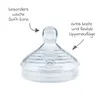 A close-up of a clear silicone baby bottle nipple with descriptive text labels pointing to different features. Anteprima dell’immagine prodotto