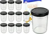A set of 12 glass jars with black lids, along with a recipe booklet, are displayed against a white background. Podgląd zdjęcia produktu