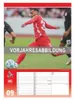 A soccer player in a red and white uniform kicking a soccer ball, with a calendar grid below. Produktbild-Vorschau