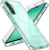 A clear phone case and screen protector are displayed diagonally against a white background. Produktbild-Vorschau
