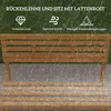 A wooden garden bench in the rain, with text overlays highlighting its features. Produktbild-Vorschau