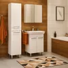 A modern bathroom with a white vanity, sink, tall cabinet, and a bathtub. Produktbild-Vorschau
