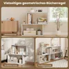 A collage of three images showing a white geometric bookshelf in different room settings: a living room, a bedroom, and a study. Anteprima dell’immagine prodotto