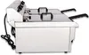 A stainless steel deep fryer with two lids and black handles, shown from a side angle. Produktbild-Vorschau