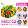 A seed packet for edible flowers, showing a salad with edible flowers and smaller images of the individual flowers. Produktbild-Vorschau