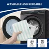 A hand holding a mop pad in front of a washing machine, with icons indicating washability. Produktbild-Vorschau