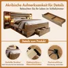 A marketing image showcasing a wooden bed frame with storage, highlighting its features. Náhled obrázku produktu