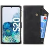 A split image showing the front and back of a black leather wallet case for a Samsung Galaxy S20 phone. Produktbild-Vorschau
