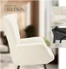 A close-up of a cream-colored armchair with text overlays highlighting its features. Produktbild-Vorschau