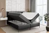 A black faux leather boxspring bed with its mattress lifted to reveal storage space underneath, in a bedroom setting with a large window and decorative wall panels. Produktbild-Vorschau