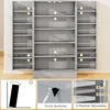 A gray storage cabinet with multiple shelves, shown with measurements and anchoring details. Podgląd zdjęcia produktu
