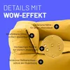 Close-up of a yellow beanbag sofa with text overlays highlighting features. Náhled obrázku produktu