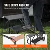 A person is using a two-step RV stair with a handrail in the rain. There are inset images showing the handrail and the wide steps. Voir les images du produit
