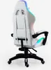 A white gaming chair with LED lights, viewed from the back and side. Produktbild-Vorschau