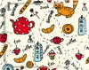A whimsical illustration of breakfast items and a cat. Voir les images du produit