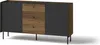 A modern sideboard with a combination of wood and ribbed dark gray panels, standing on thin black legs. Voir les images du produit