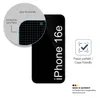 A black iPhone 16e with text overlay and a close-up inset showing screen protector application. Produktbild-Vorschau