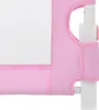 A close-up view of a pink toddler bed rail, showing the fabric and a white support pole. Náhľad obrázku produktu