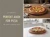 A collage showing a wooden pizza board with a pizza on it in two different kitchen settings, and text on the left side. Produktbild-Vorschau