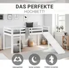 A white loft bed with a slide, set up in a child's room with decorative elements and marketing text. Produktbild-Vorschau