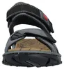 Auf dem Bild sind blau gefärbte Sandalen abgebildet die von der Seite betrachtet werden. Die Sandalen zeigen ein schlichtes Design mit einem gepolsterten Fußbett und einem verstellbaren Riemen. Náhľad obrázku produktu