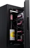 A black wine cooler with several bottles of wine inside, with the door slightly ajar. Produktbild-Vorschau