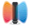 A black tower fan is shown in the center, with red and orange heat waves emanating from one side and blue cool waves from the other, indicating its heating and cooling functions. A white base supports the fan, and a curved arrow indicates its oscillation. Náhľad obrázku produktu