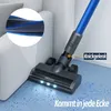 A vacuum cleaner head is shown cleaning a corner of a room next to a sofa, with a close-up inset of the brush roll. Produktbild-Vorschau