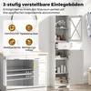 A white bathroom cabinet with its doors open, showing adjustable shelves and a drawer. Text overlays describe the adjustable shelves and suggest items to store. Anteprima dell’immagine prodotto