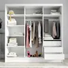 A white wardrobe with multiple shelves and hanging space, filled with folded clothes, hanging clothes, and shoes. Produktbild-Vorschau