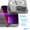 A clear phone case is shown with a phone inside, highlighting protective features. Produktbild-Vorschau