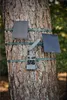 A wildlife camera with two solar panels attached to a tree trunk with straps. Náhled obrázku produktu